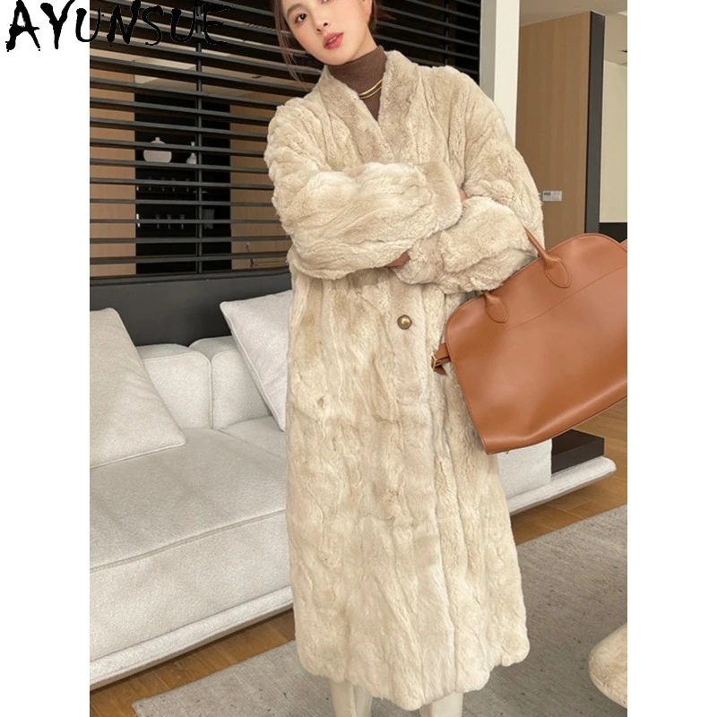 AYUNSUE ريكس معطف فرو الأرنب امرأة فاخرة 2025 جواكت شتوية امرأة منتصف طول المعاطف النسائية موضة ملابس امرأة كردنهكا Жénska