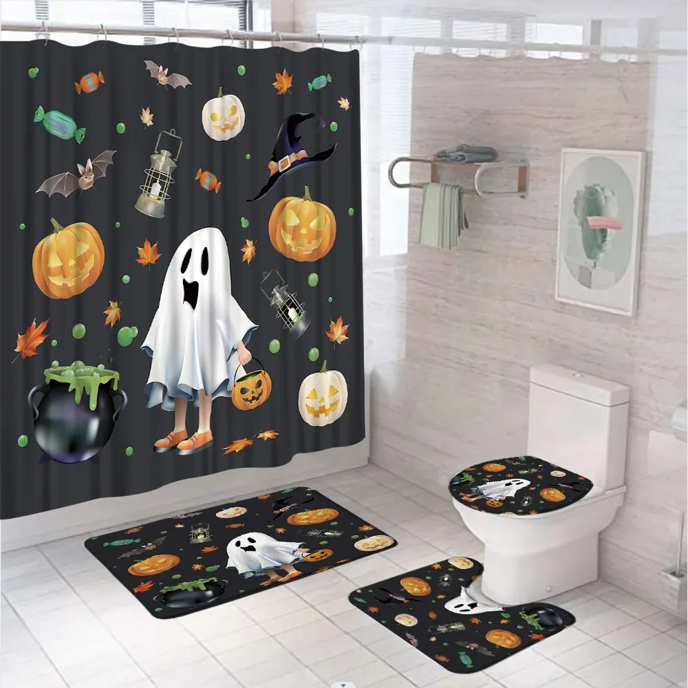 White Spooky Ghost Pumpkin Bathroom Shower Curtains Set Halloween Bat Witch Hat Candy Maple Leaf Alchemy Bathtub Screen Bath Mat