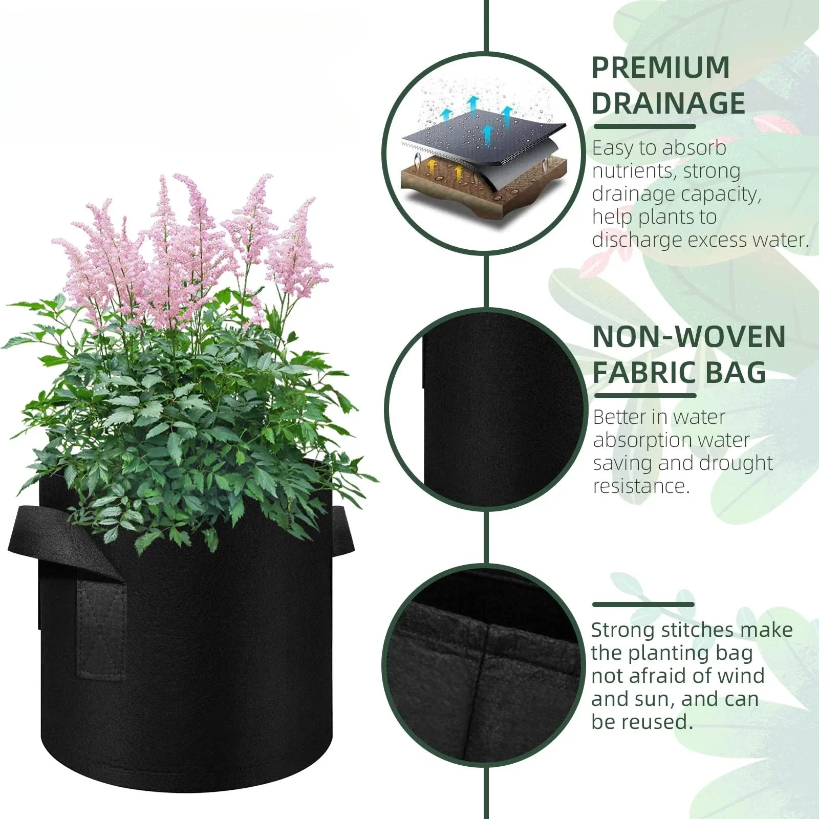 5 Pack Grow Bags, Garden Planting Nonwoven Fabric Pots with Reinforced Handle(3 Gallon，4 Gallon, 5 Gallon, 7 Gallon, 30 Gallon)