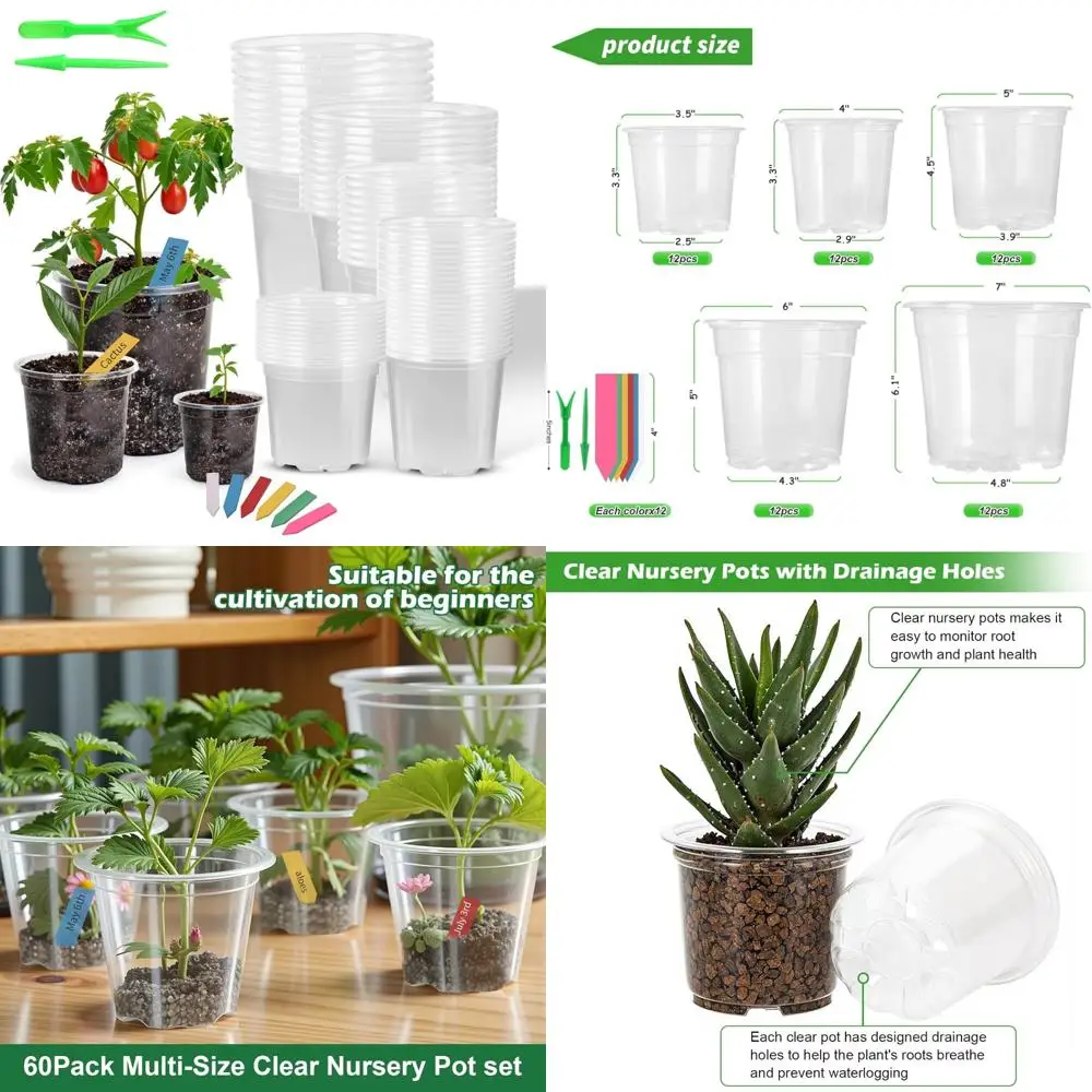 

60 Pack Clear Nursery Pots with Drainage Holes, 3.5/4/5/6/7 Inch Clear Plastic Pots for Plants, Reinforced Transparent Nursery P