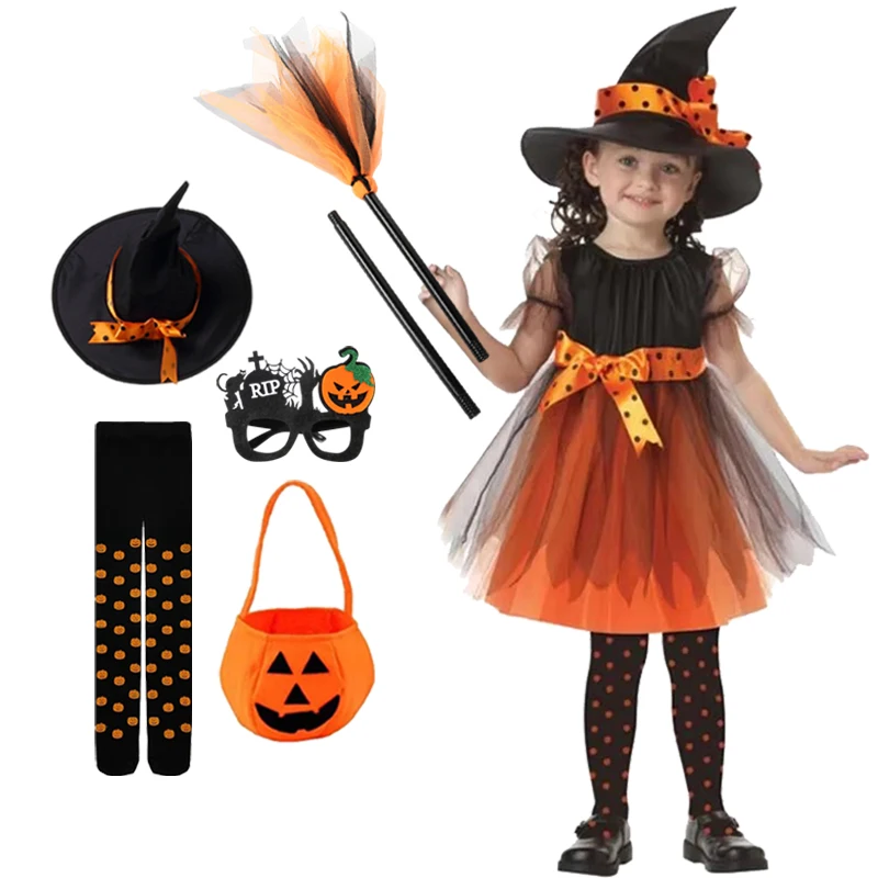 

Halloween Costume For Girls Dress Witch With Hat Pumpkin Bag Pantyhose Carnival Party Dress Up Suit Kids Cosplay Clothes