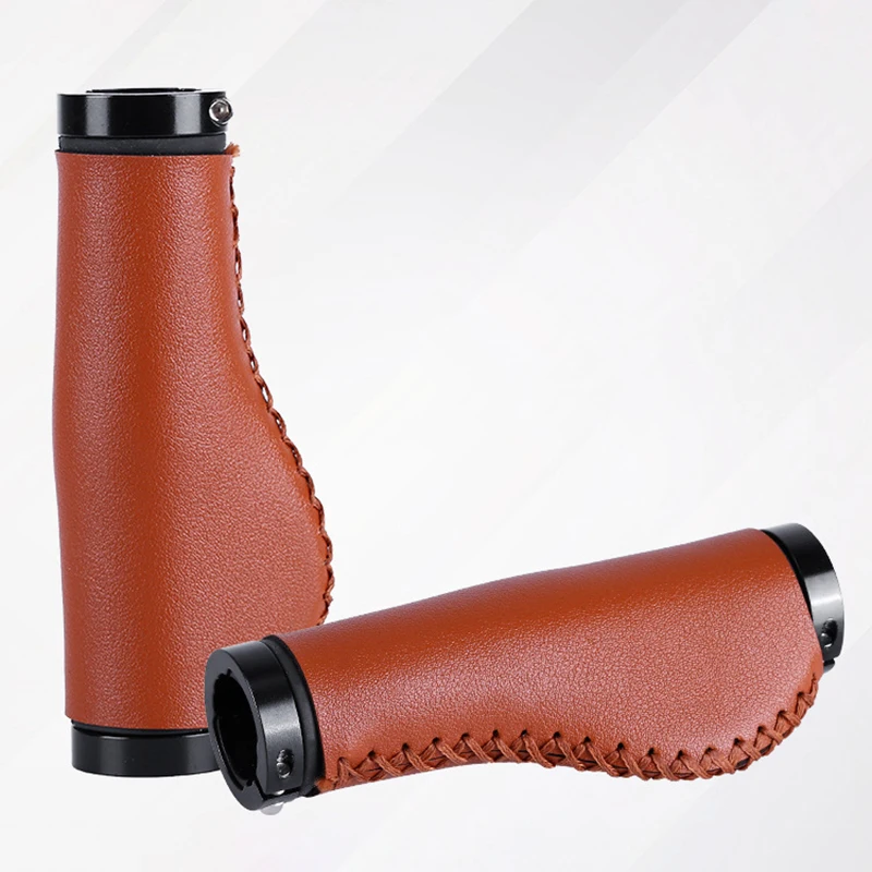 Vintage Leather Bicycle Handlebar Grips - Mountain Bike PU Leather Lock-On Grips, Hand-Stitched Anti-Slip Handle Cover