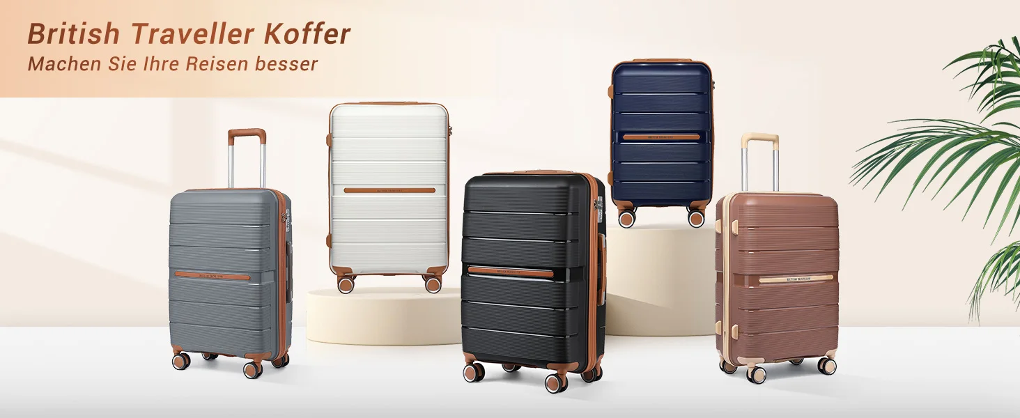 (56/66/76 cm) | British Traveller Hartschalen-Koffer mit 8 Spinnerrädern & TSA-Schloss | 100% PP | Handgepäcktauglich – Detail 2