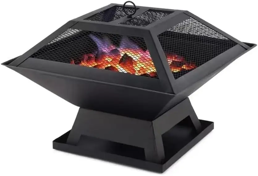 

19in Outdoor Fire Pit, Wood Burning Fireplace with Spark Screen, Poker for Patio, Backyard, Garden, Black