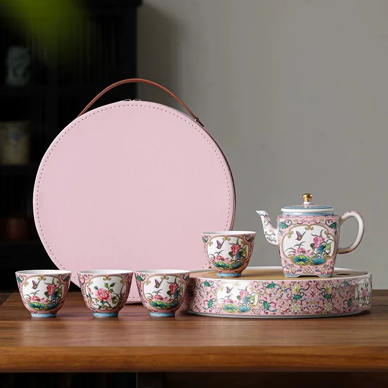 Unique Palace Style Enamel Colorful Butterfly Love Kung Fu Tea Set High-end Chinese Teapot One Pot Four Cups with Tea Tray Set