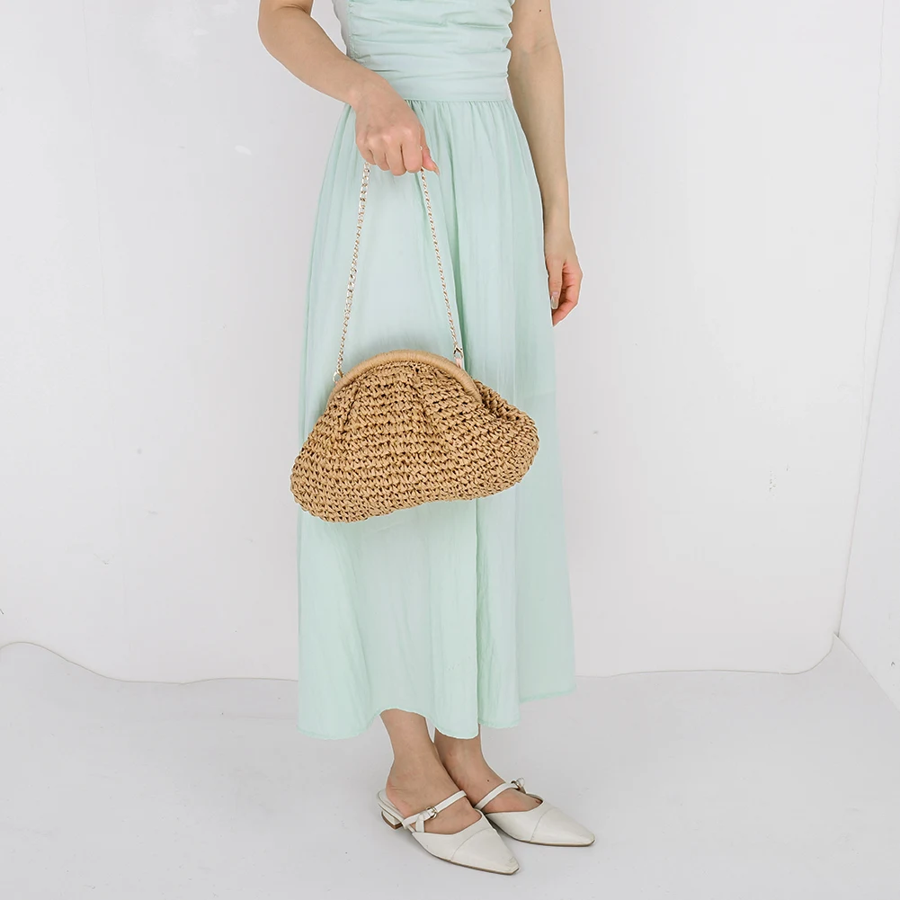 Sac tissé en paille pour femmes, pochette en paille avec sangle en chaîne, sac à coque à la mode et décontracté, sac à bandoulière pour voyage en plein air