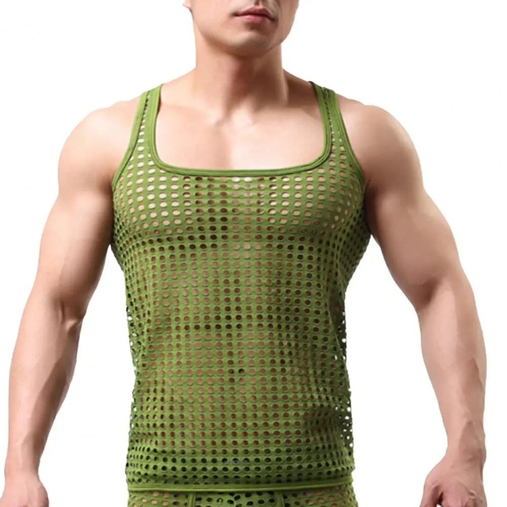 Sexy Men Vest Hollow Out Mesh Sleepwear Fish Net Pure Color Vest