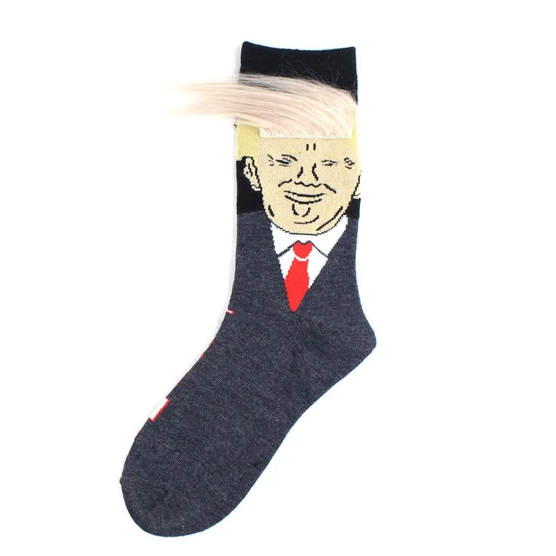 Funny and Funny Donald Trump Presidential Socks With 3D Fake Hair Round Neck Socks for Men\'s Street Clothing Hip Hop Socks