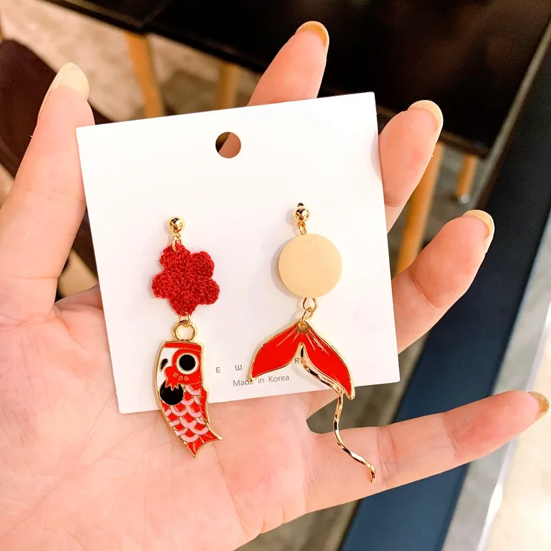 Chinese Style Asymmetric Koi Earrings For Women Red Good Luck Fishtail Beautiful Ear Jewelry