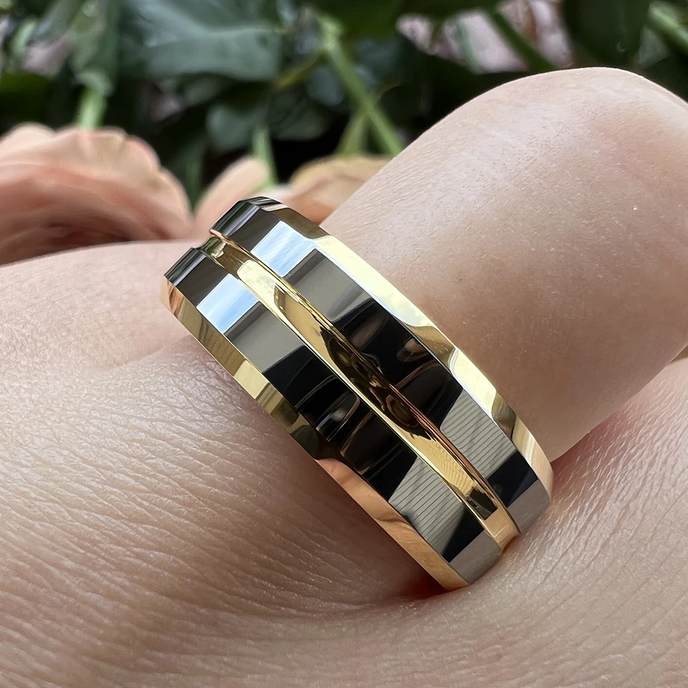 6 mm 8 mm Wolfram-Ring für Damen und Herren, Verlobung, edler Schmuck, Ehering in der Mitte, gerillt, abgeschrägte Kanten, poliert, glänzend, bequeme Passform – Detail 5