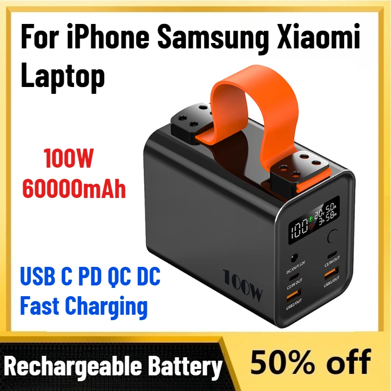

60000mAh 100W Power Bank Portable USB C PD QC DC Fast Charging Large Capacity External Battery For iPhone Samsung Xiaomi Laptop