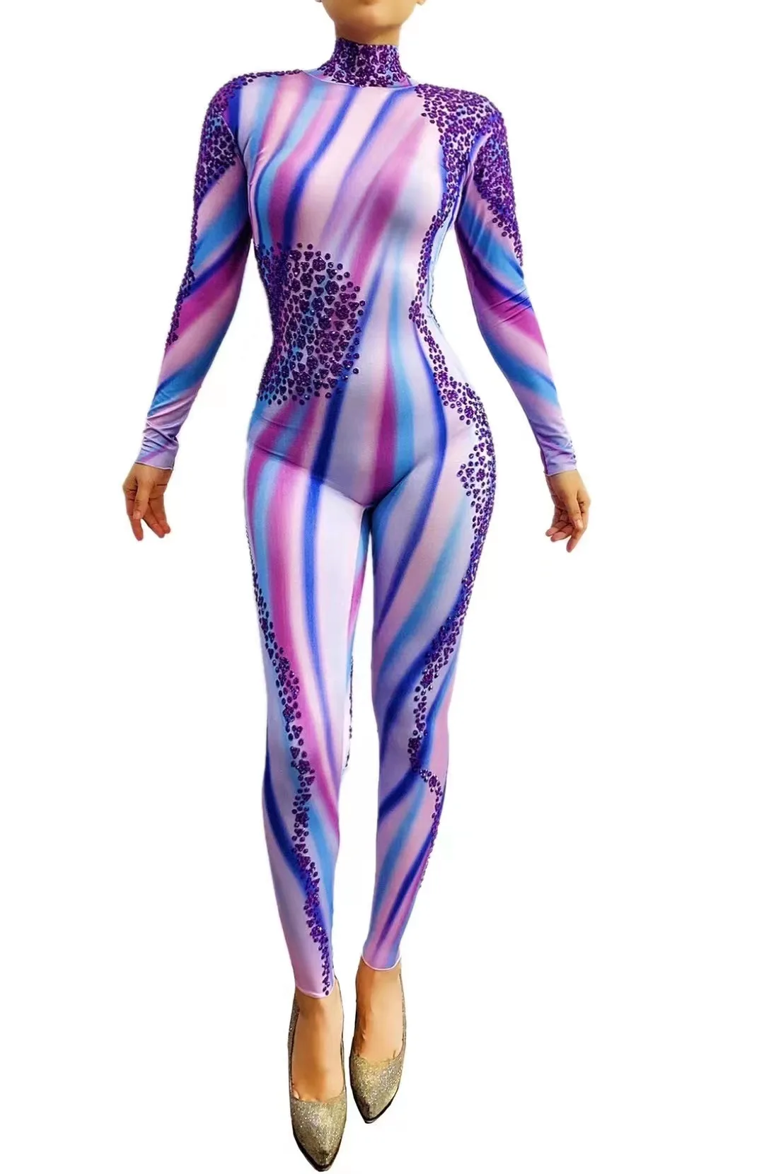 

Sparkly Purple Rhinestones Jumpsuit Women Party Birthday Outfits Dance Leotard Leggings Sexy Performance Show Stage Wear