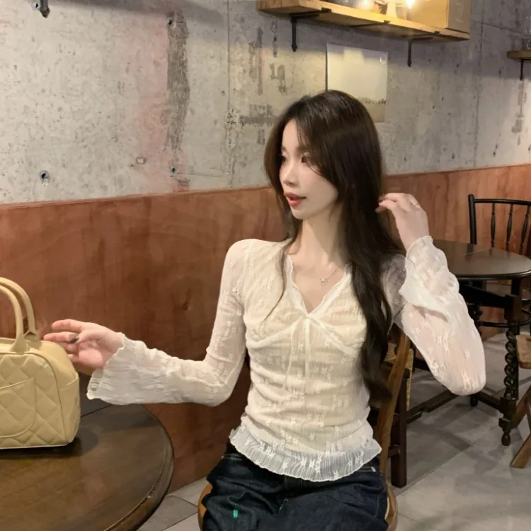 

Новинка 2026: Французская кружевная блузка с V-образным вырезом и узлом, приталенная, с коротким и длинным рукавом, базовый топ для женщин