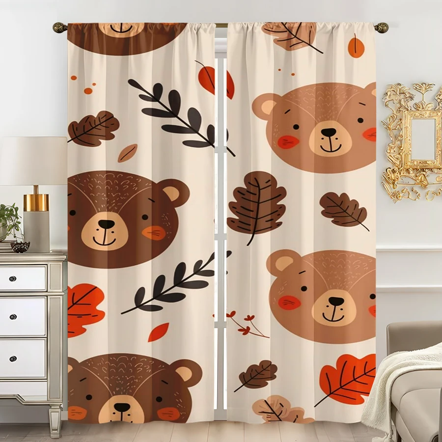 2PCS Digital Print Curtain, Bear Head Maple Leaf Beige Repeat Pattern, Fall Autumn Cute Animal for Bedroom Living Room
