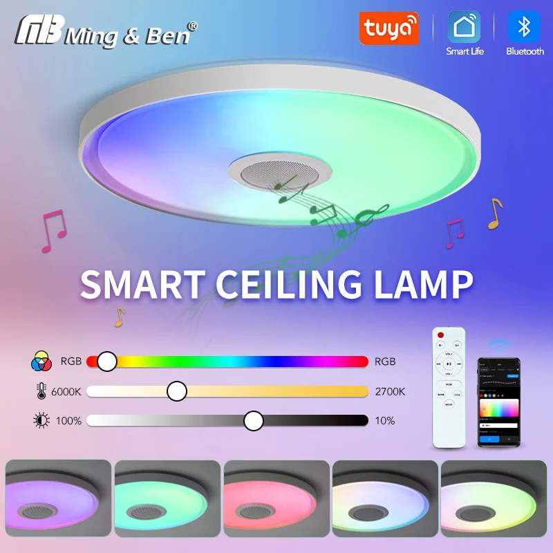 Luz de techo RGB inteligente Morden Tuya con altavoz, lámpara redonda con Control remoto por aplicación regulable de 45W para sala de estar, dormitorio, decoración del hogar