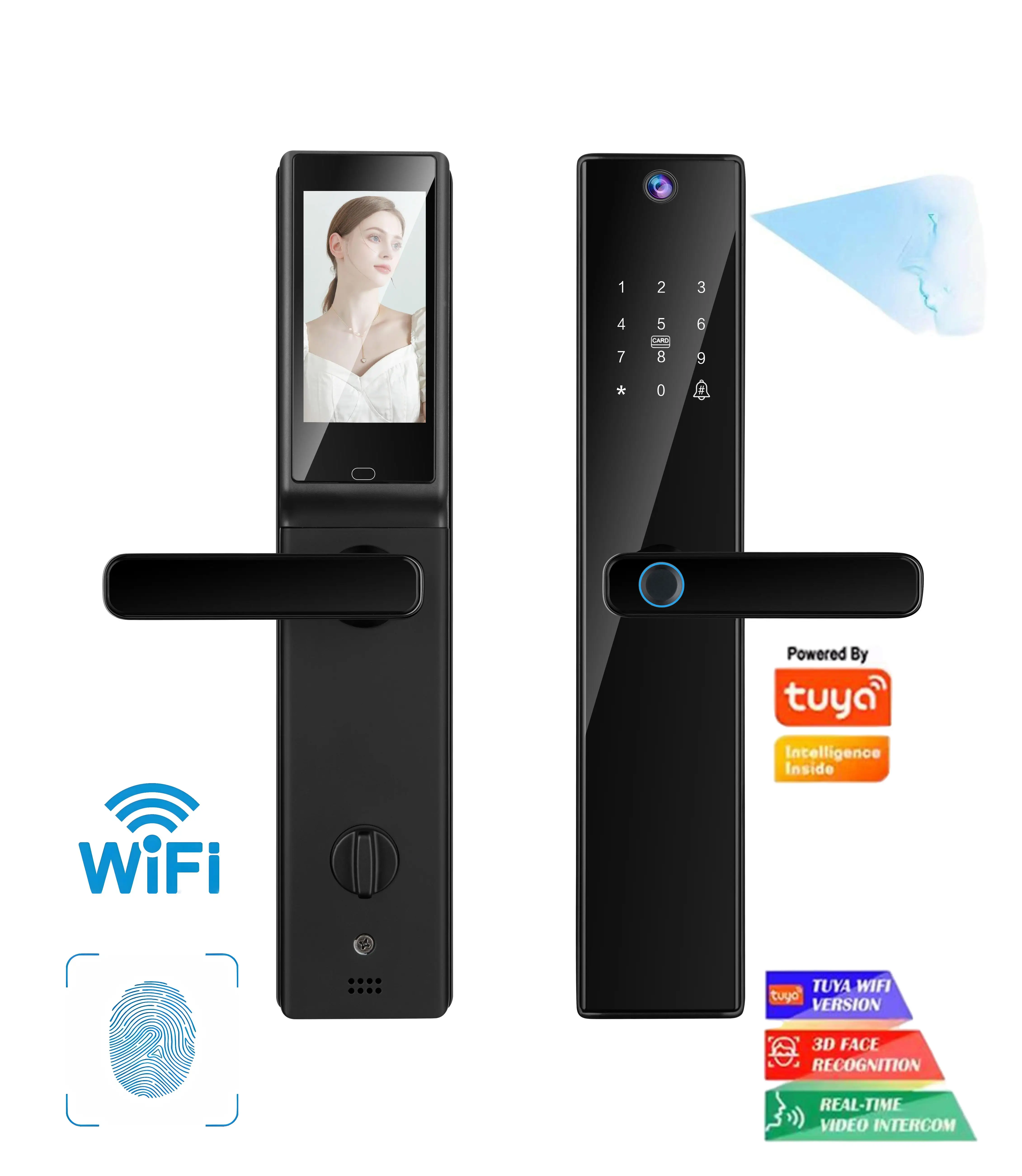 Factory Price Tuya Wifi Video Intercom Home Security Smart Lock Digital Fingerprint Password Key Card Smart Camera Door Lock