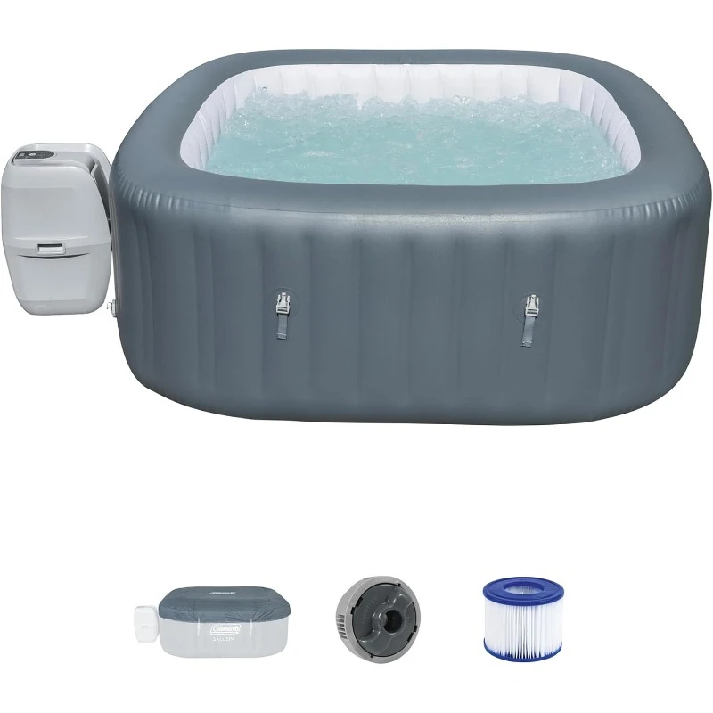 SaluSpa AirJet 4 to 6 Person Inflatable Hot Tub Square Portable Outdoor Spa with 114 Soothing AirJets and Insulated Cover, Gray