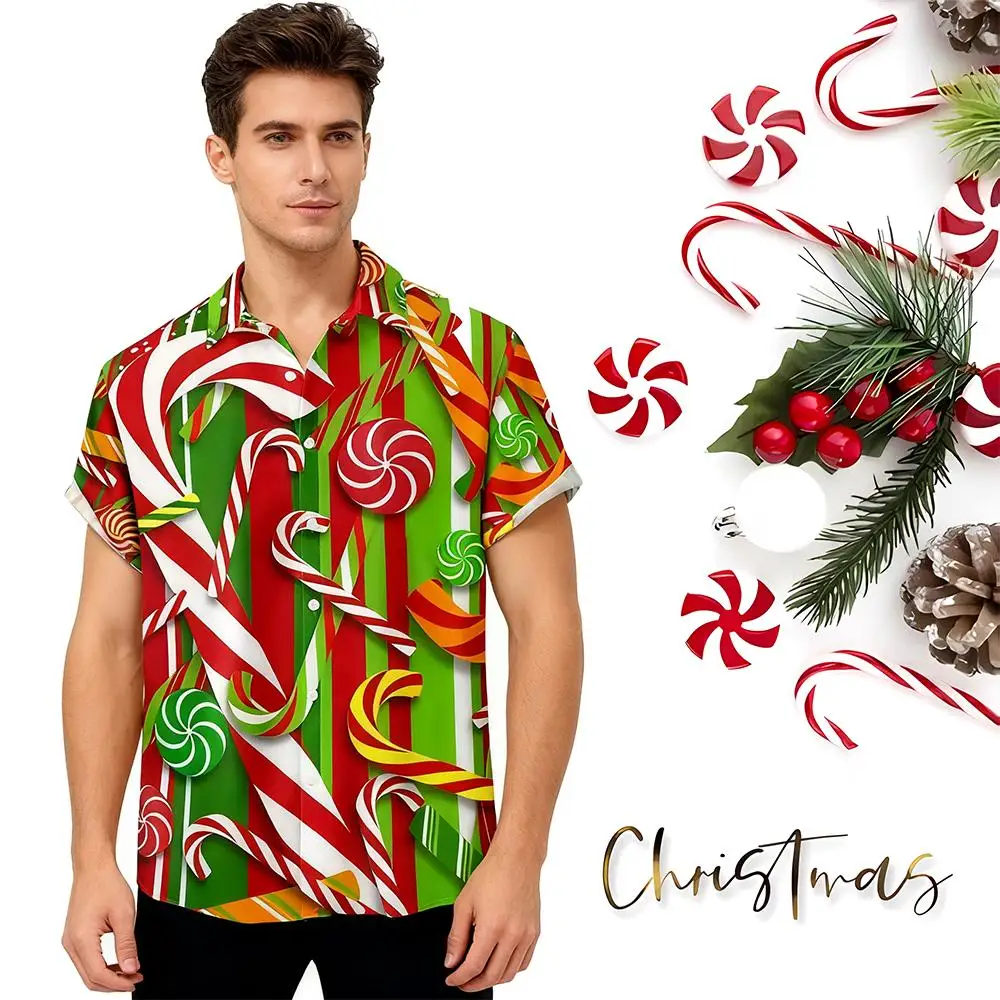 Festival Street Trendy Casual Shirt Fashion Creative Candy Pattern Short Sleeve Blouse Christmas Outdoor Breathable Buttons Tops