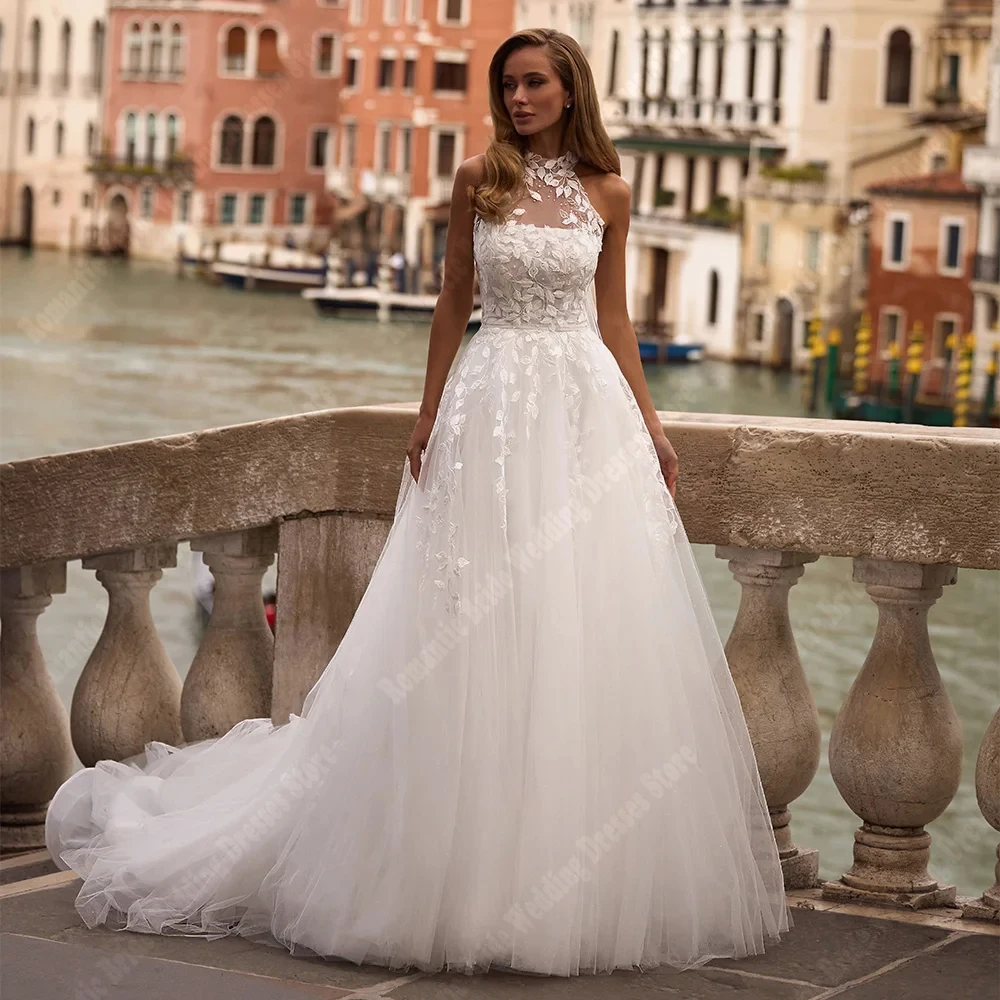 

Halter A-Line Women Wedding Dresses Customized Elegant Lace Flower Printing Tulle Sleeveless Bridal Gowns Embellishments Robes