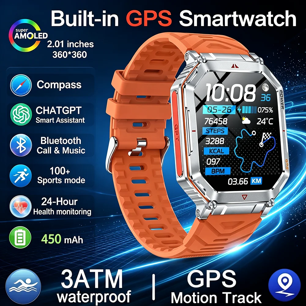 2026 New 450 Mah Smartwatch GPS 2.01"100+sport Bluetooth Call SmartWatch IP68 Waterproof Sport Run Tracker Outdoor Compass Watch