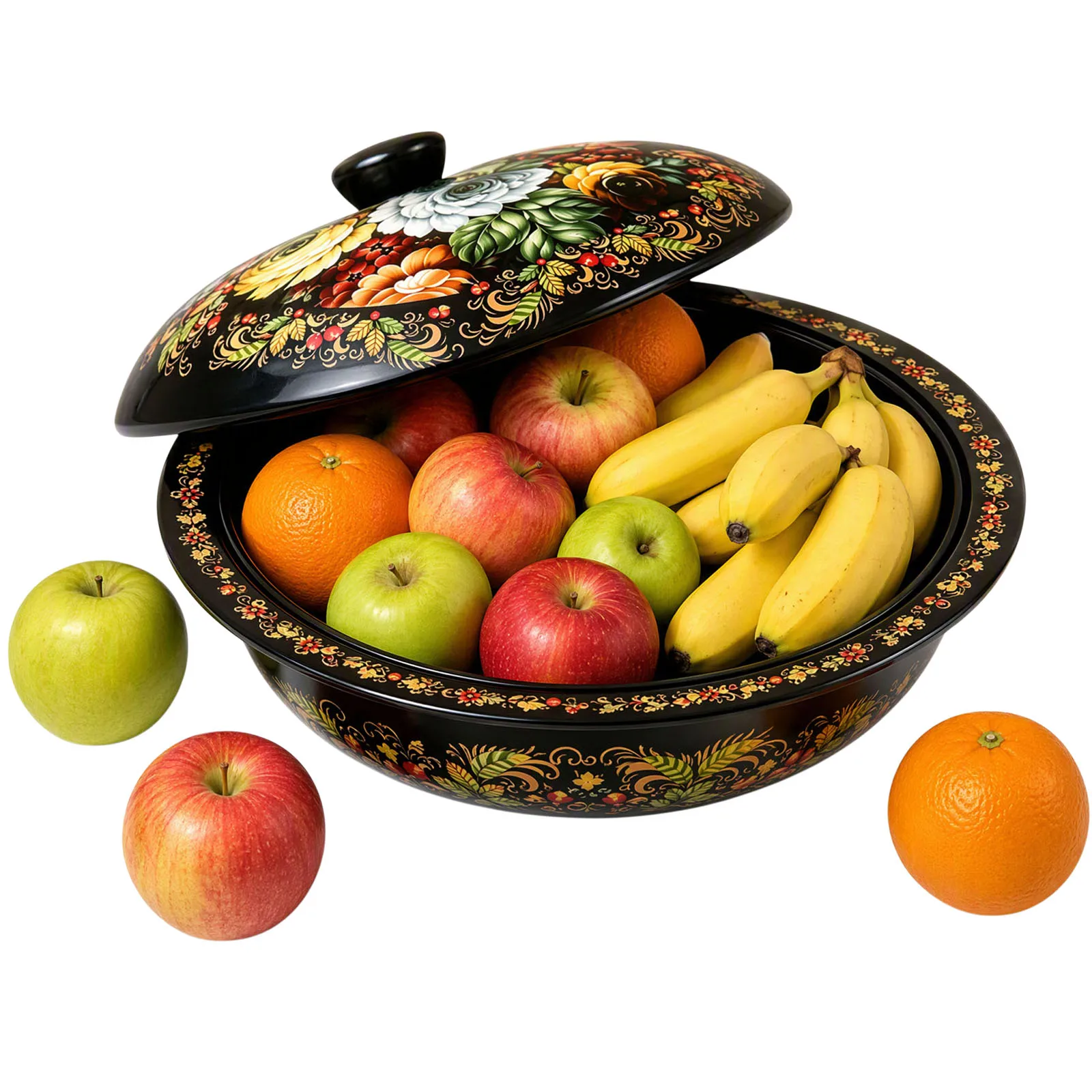 Ethnic Floral Tinplate Serving Tray with Metal Lid Round Lacquered Basin for Home Decor Wedding Celebration