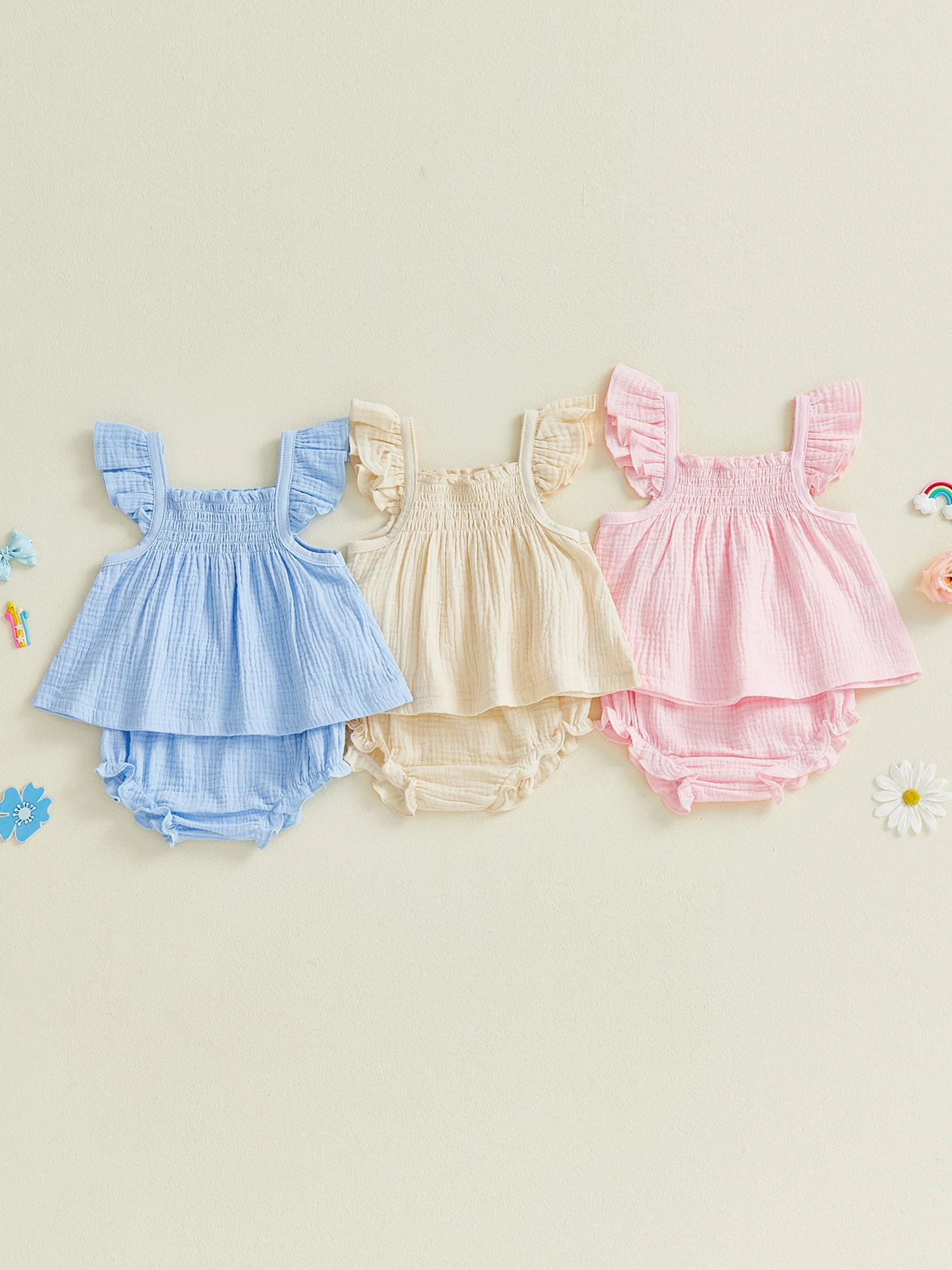 طقم رومبير رائع للفتيات الرضع مع بلوزة بأكمام مرفرفة وطبعة زهور وسروال قصير مكشكش - مجموعة صيفية مكونة من قطعتين #1