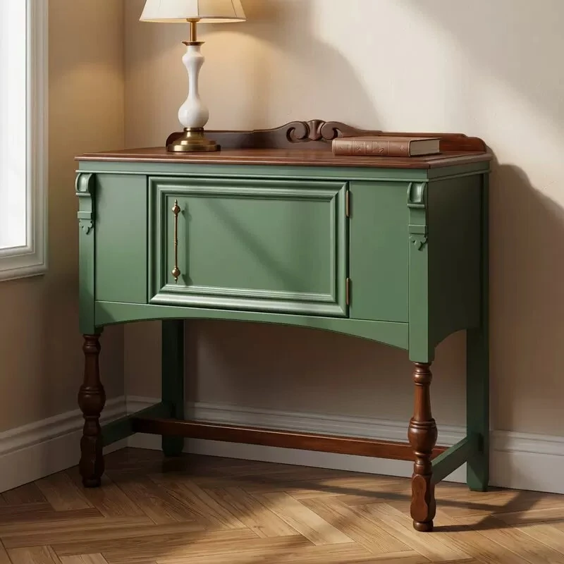 

American retro entrance cabinet solid wood carving flower storage green door panel dining side cabinet