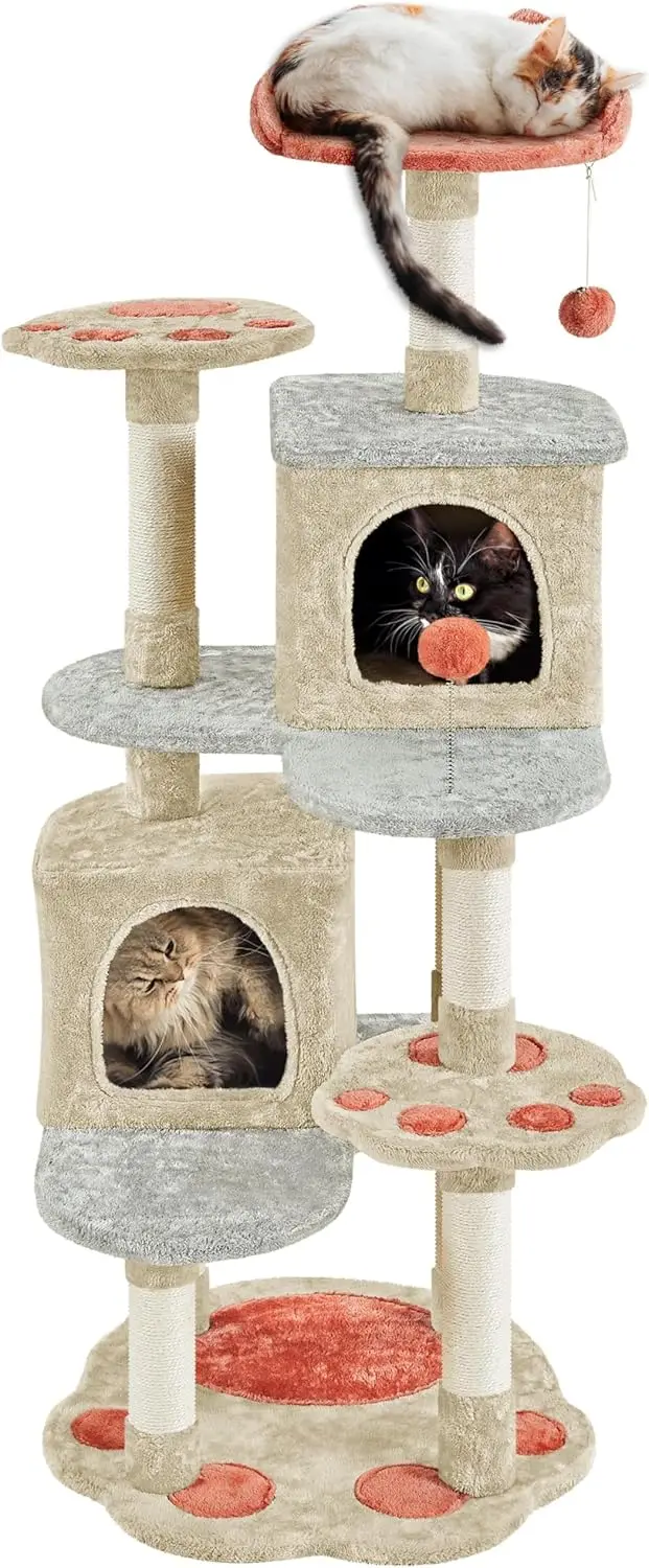Yaheetech Cat Tree, 57.5In Cat Tower For Indoor Cats, Paw-Shaped Cat Tree With Heart-Shaped Platform, Scratching Posts, Spring