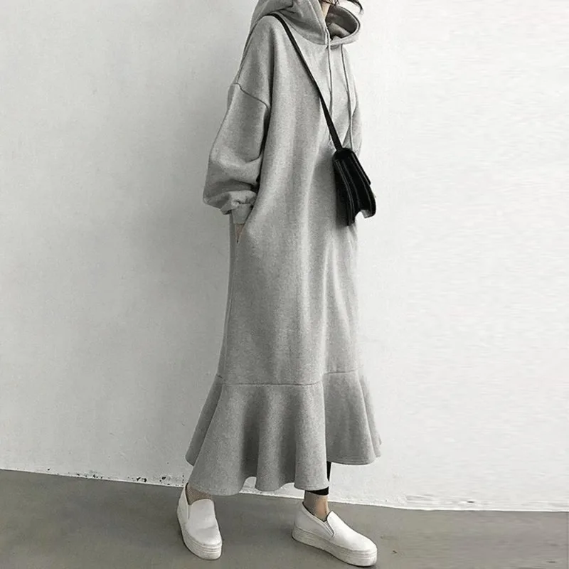 Loose Ruffle Fleece Warm Sweatshirts Female Fashion Long Sleeve Chic Solid Hooded Midi Dresses Spring Women Korean Hoodie Dress