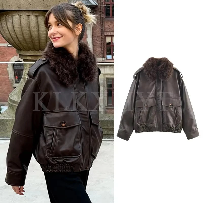 

Women Leather Jacket 2025 Autumn Winter Fashion Fur Collar Short Coats Long Sleeve Zipper Jackets Women High Street Leisure Coat