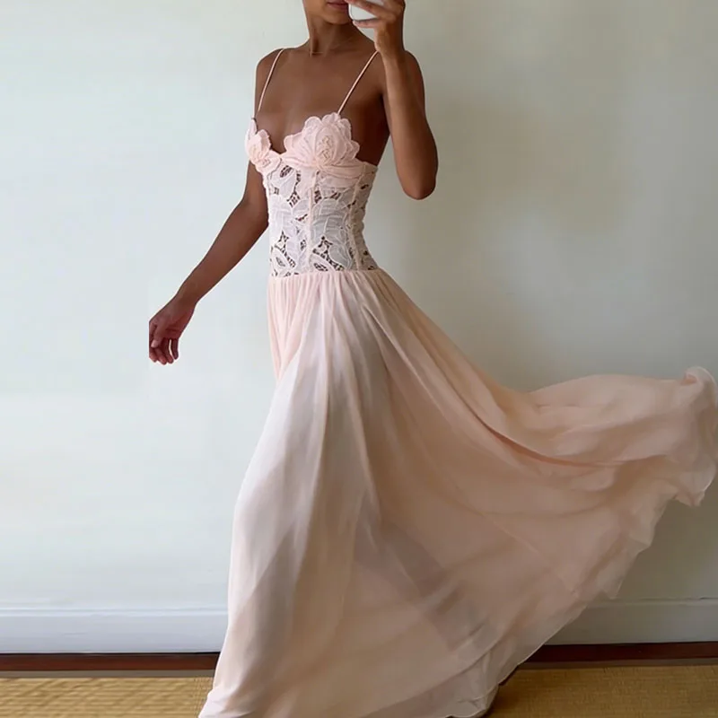 Casual Lace Patchwork Beach Dress Lady Sexy Low Cut V-neck Party Dress Spring Summer Sleeveless Suspender Chiffon Long Dress - view 2