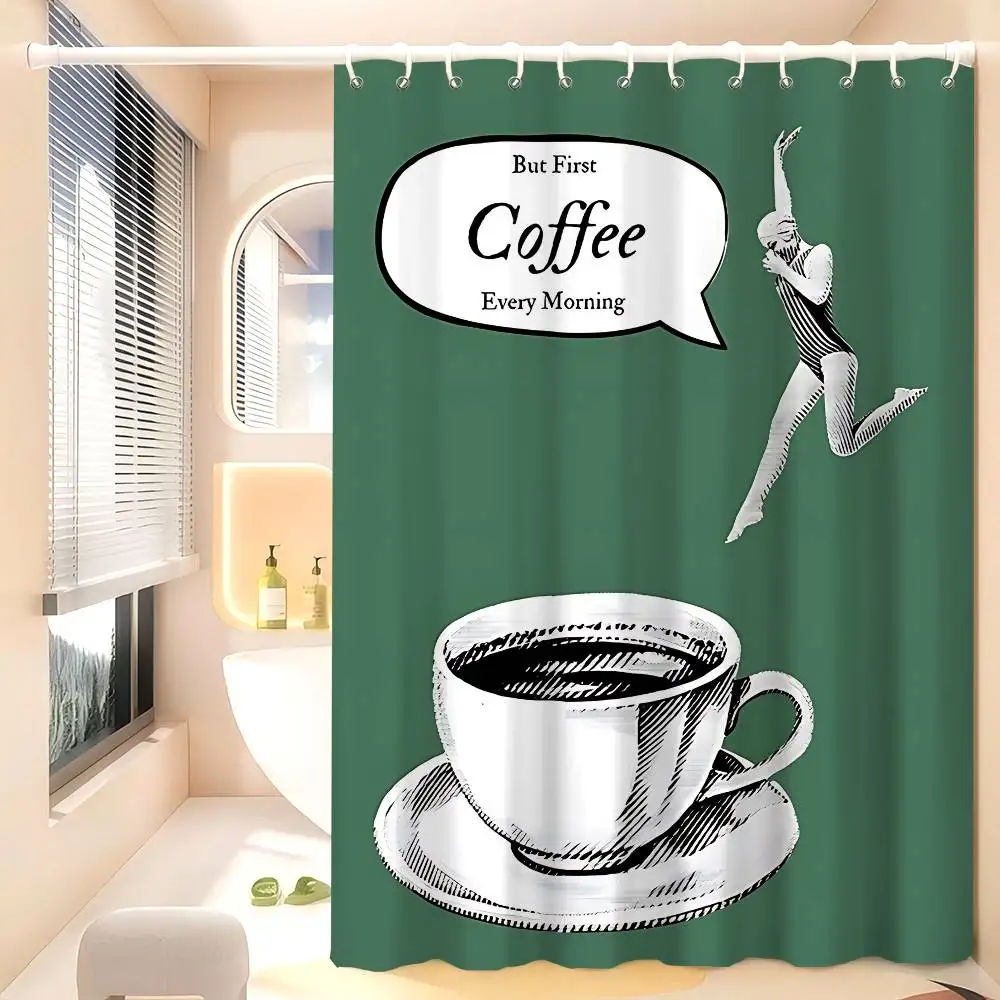 

"Funny Coffee Lover Shower Curtain with 'But First, Coffee Every Morning' Quote for Kitchen and Bathroom Decor"