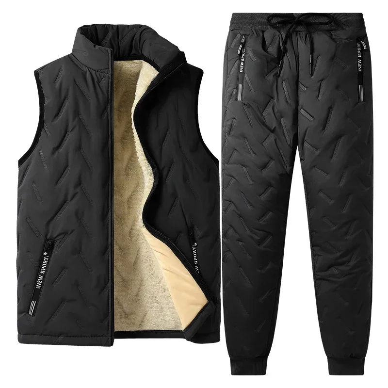 Winter 7XL Fleece Vest Tracksuit Men Sets Wool Lined Thick Vest + Pants Sportswear 2PCS Tracksuit Set Male Winter Warm Outerwear