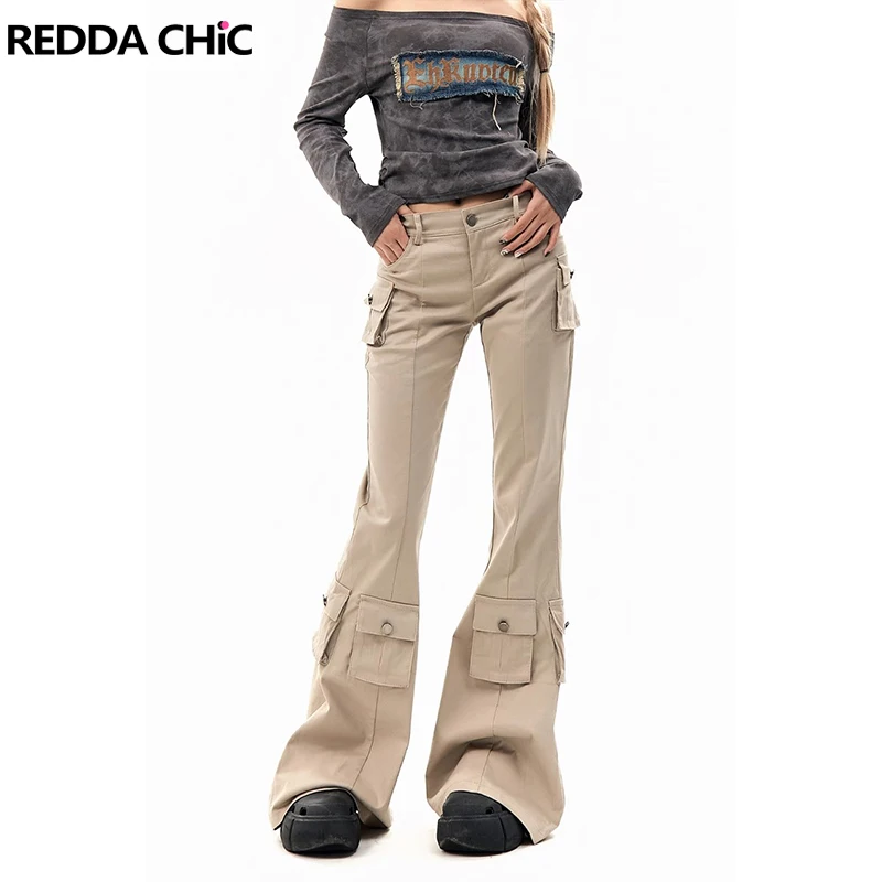 

ReddaChic Patchwork Pocket Cargo Bootcut Pants Women Function Low Rise Flare Leg Trousers Casual Bell Bottoms Y2k Retro Workwear