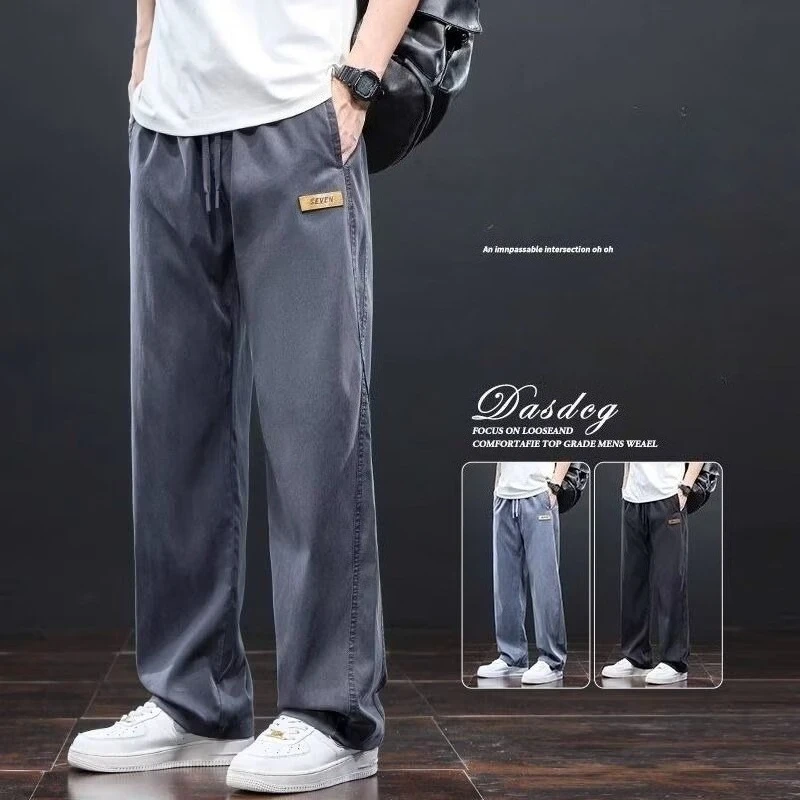 Men's Lyocell Casual Pants Thin Breathable Elastic Waist Drawstring Loose Straight Trousers Korean Streetwear Cool Pants