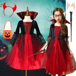 Baby Girls Halloween Witch Costume Children Cosplay Vampire Princess Dresses Kids Dress Up Clothes With Hat Carnival Party Gift