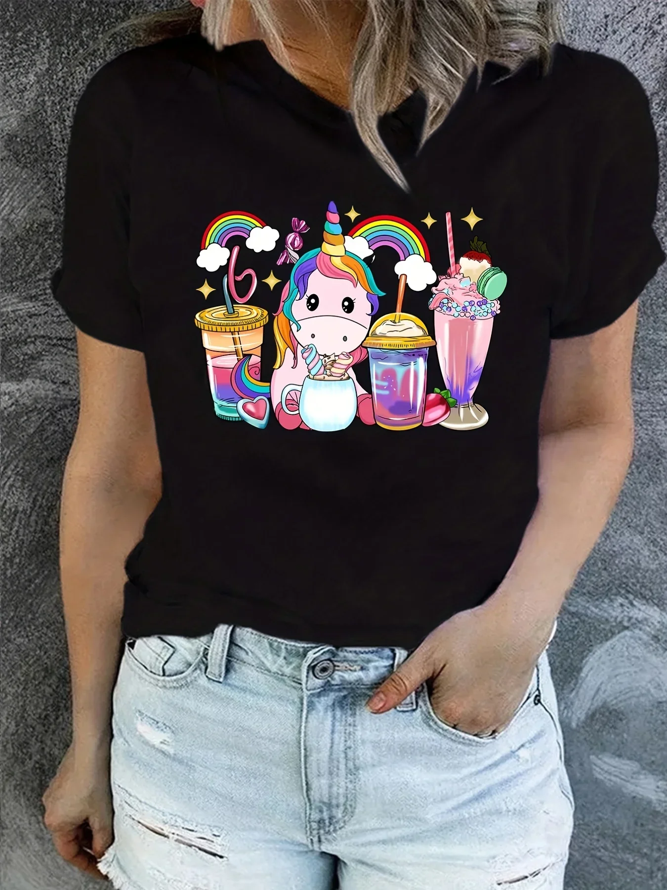 Camiseta con estampado de unicornio arcoíris para mujer, camiseta de manga corta ligera y transpirable con cuello redondo, ropa informal perfecta