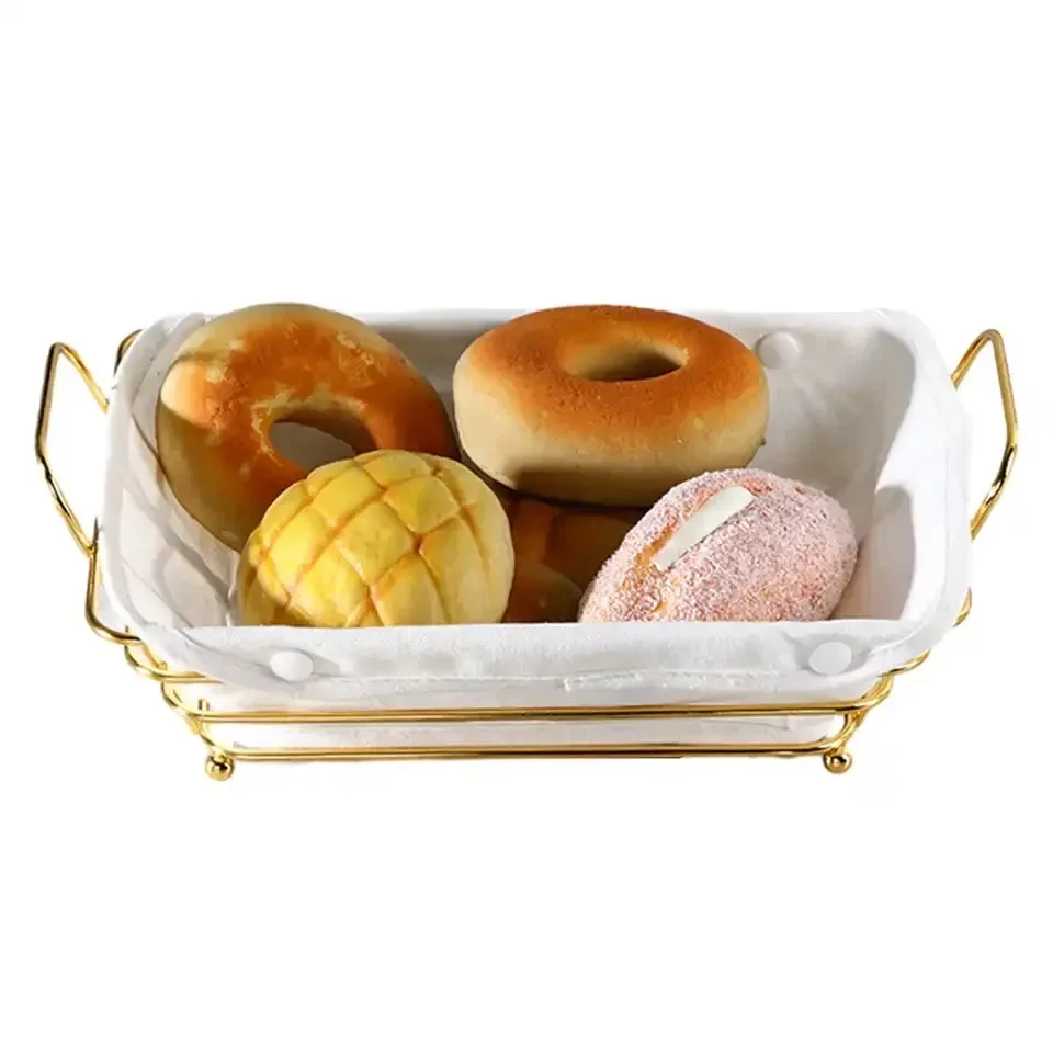 Golden metal wire bread basket for storage room, fruit storage basket container, durable desktop decoration snack box