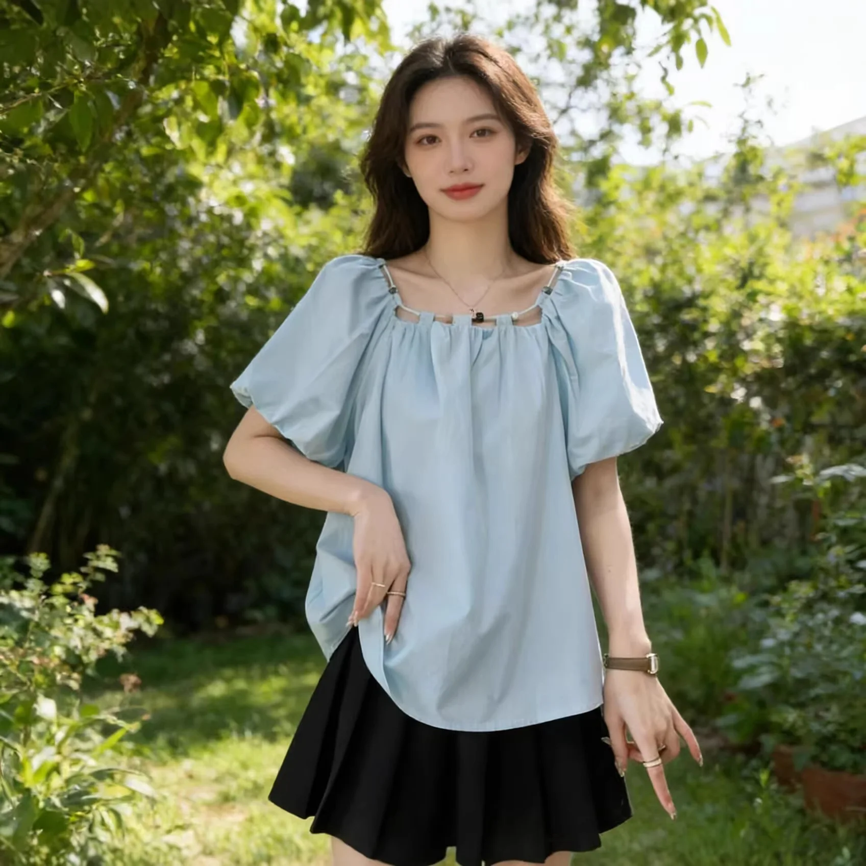 

Women's Summer New Short Sleeve 2026 Square Neck Bubble Shirt Loose Doll Top