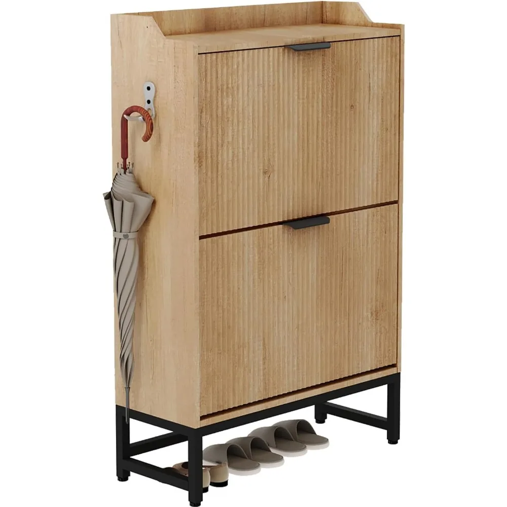 

Fluted Shoe Cabinet with 2 Flip Drawers - Slim Modern Shoes Rack with Sturdy Metal Legs, Freestanding Hidden Storage Organizer