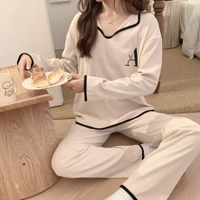 Female Pajamas Women's Spring Autumn 2024 New Long-Sleeved Home Wear Two-Piece Casual Simple Letter Loose V-neck Sleepwear Set