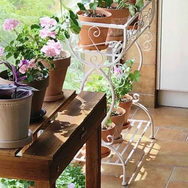 Iron Plant Stand Double-Layer Floor Shelf Garden Balcony Plant Holder Stable Load-Bearing Flower Rack Durable Garden Display