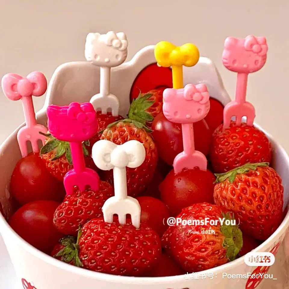 Sanrio Cartoon Hellokitty Fruit Fork Suit Cute Dessert Fork Funny Fruit Labels Candy Colors Fruit Sign Party Decorate Gift