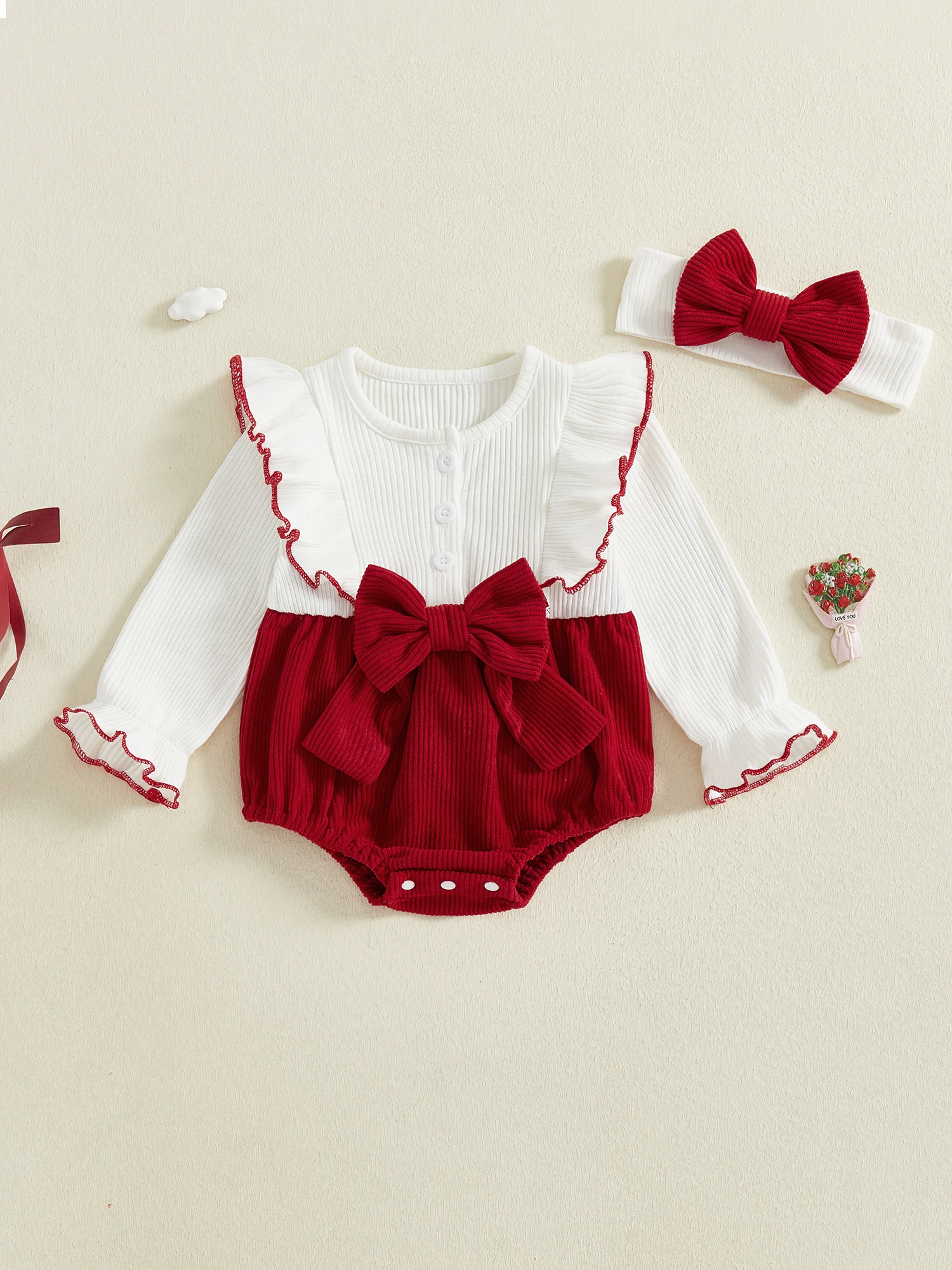 Tenue pour nouveau-né fille, barboteuse à manches longues, col rond, nœud, Patchwork, avec bandeau, vêtements d'automne