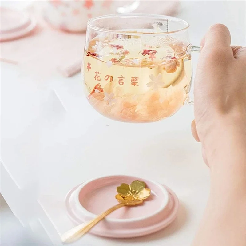 400Ml Creative Sakura Glass Coffee Mug Cute Transparent Cup Heat-Resistant Water Cup With Handle Lid Spoon ,D