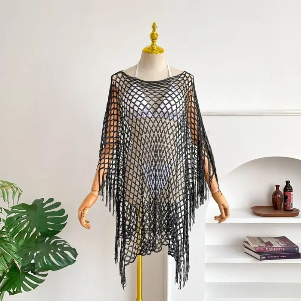 Breathable Tassel Sunscreen Cover-up Crochet Plus Size Bohemian Shawl Loose Fit Casual Knit Hollow Out Top Lady
