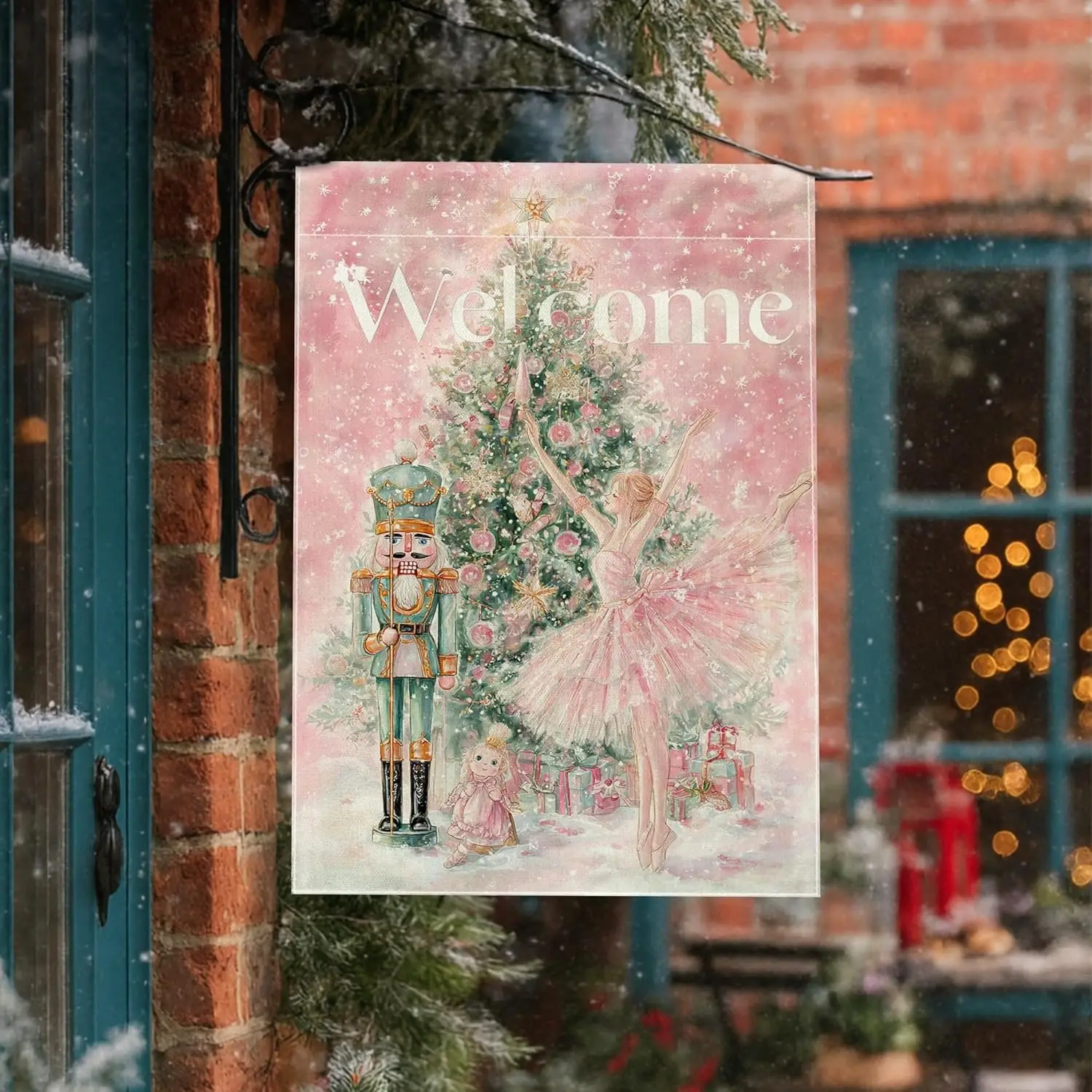 Nutcracker House Flag, Christmas Fanciful Ballet Dancer Xmas Tree Peach Double Sided Burlap Outside Large Garden Flag for Ou ZZM