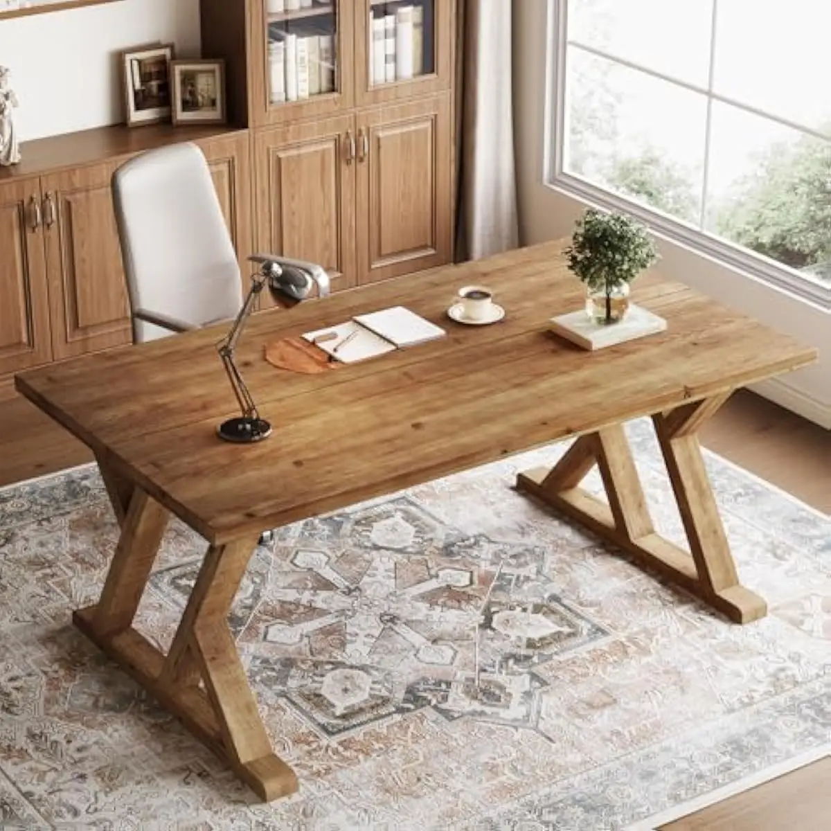 63 Inch Rustic Brown Solid Wood Desk with X Frame Support • Spacious 62.99 by 31.5 Inch Surface • Farmhouse Style Executive Work