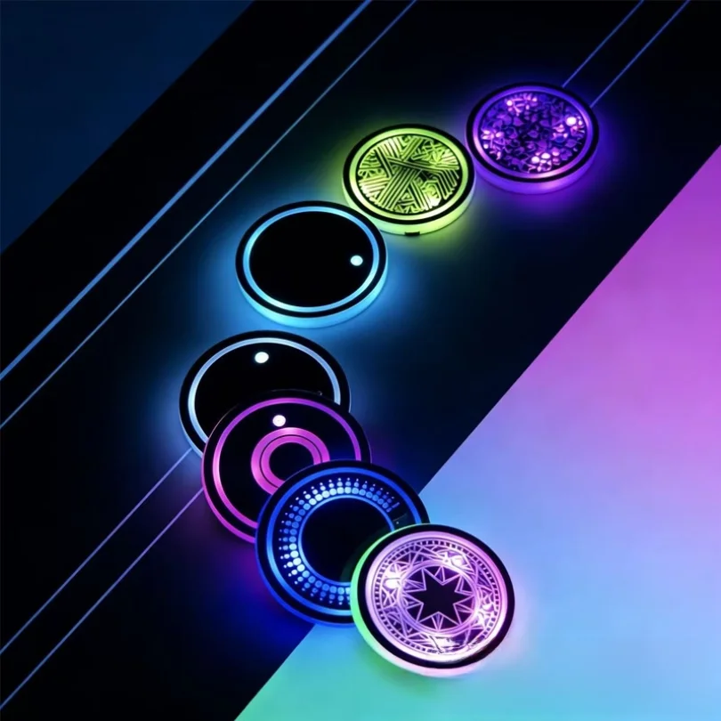 Car LED Cup Holder Light 7 Color Gradient Ambient Light Auto Intelligent Induction Luminous Water Cup Pad Non-slip Mat Car Inter