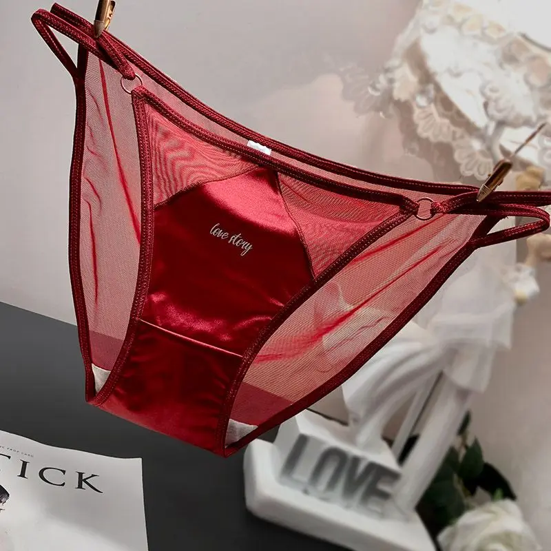 

New Quick-drying Lingerie Satin Silky Sexy Lace Panties Women's Transparent Letter Seduction Briefs Cotton File Underwear